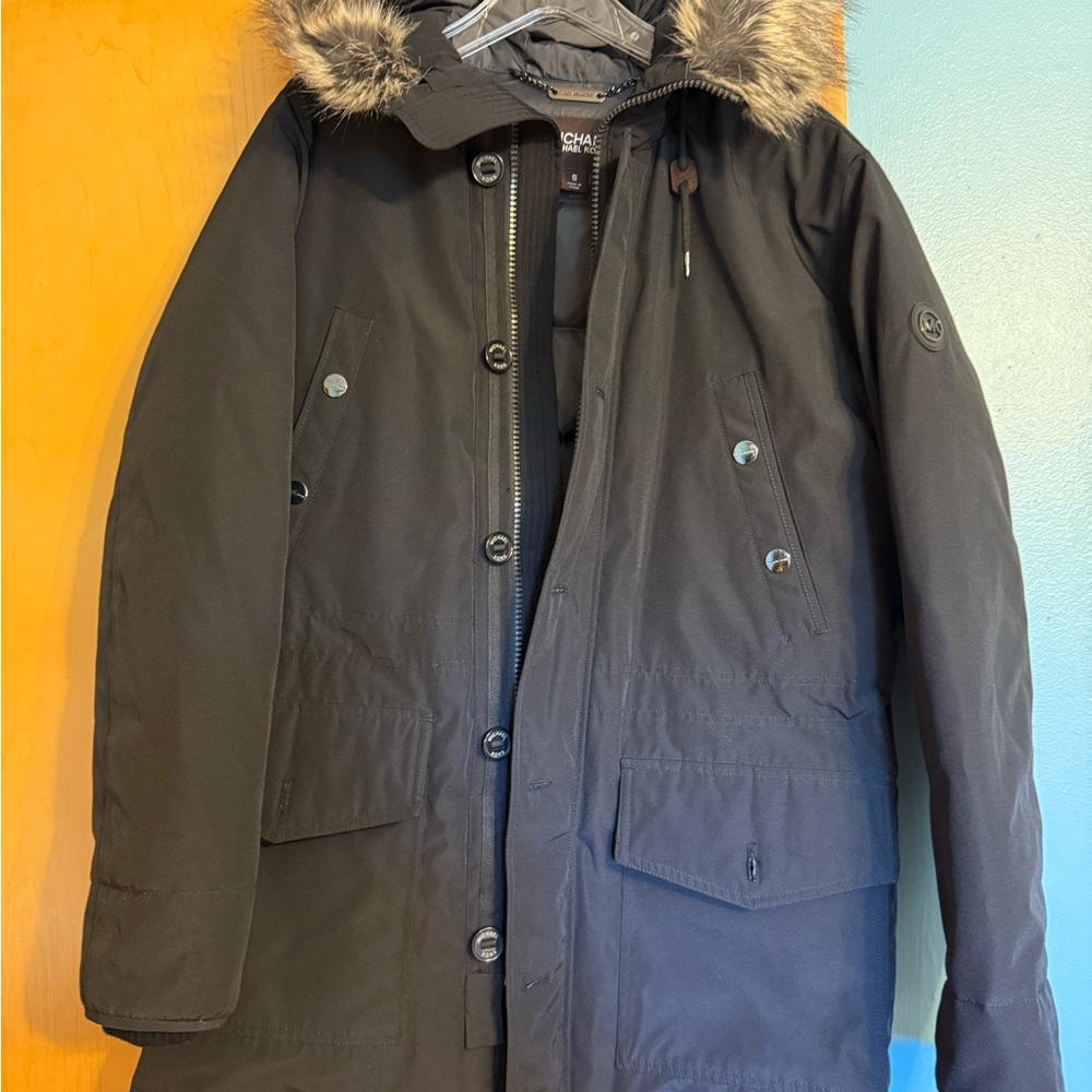 Michael Kors Charcoal Puffer Coat with Faux Fur Hood